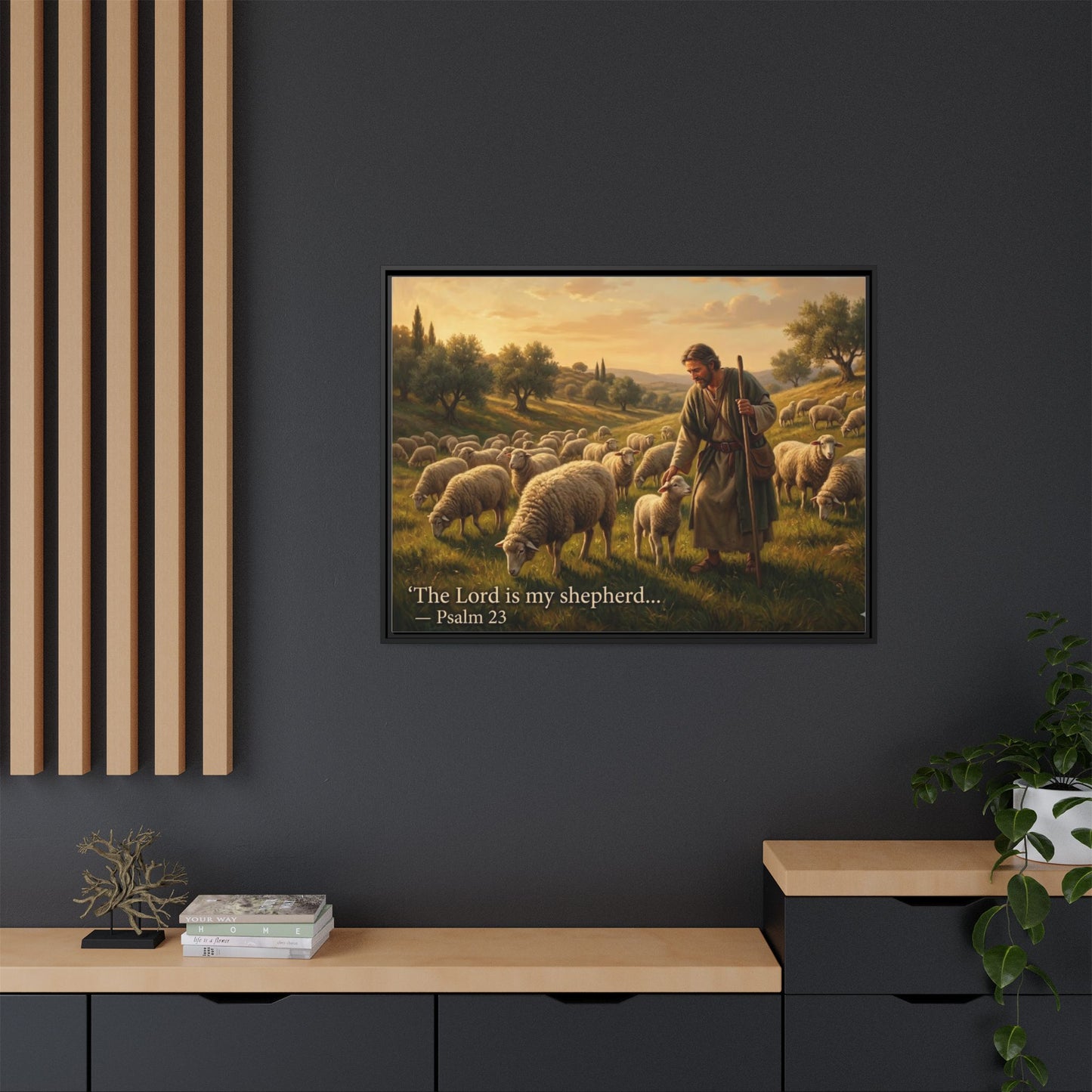 Luxury Psalm 23 wall art on 8x10 black matte framed canvas portrait, serene shepherd scene for faith-inspired décor