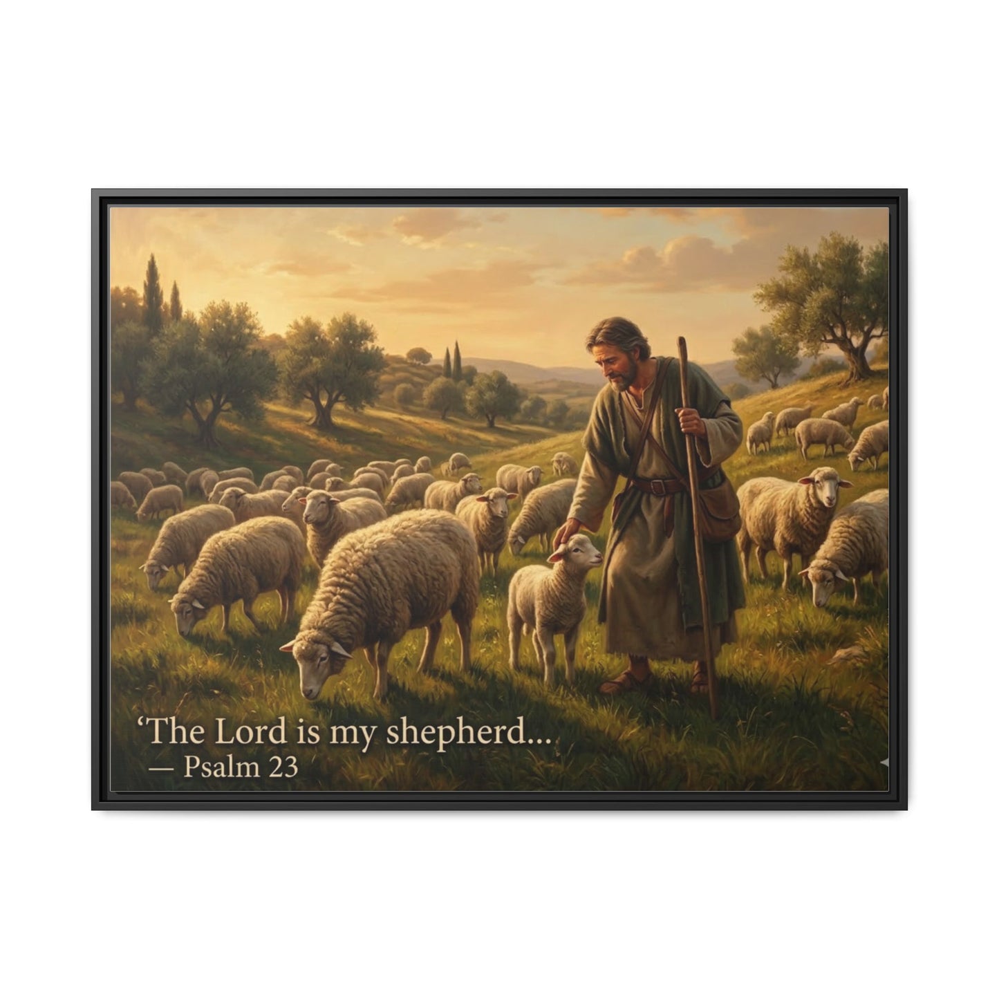Luxury Psalm 23 wall art on 8x10 black matte framed canvas portrait, serene shepherd scene for faith-inspired décor