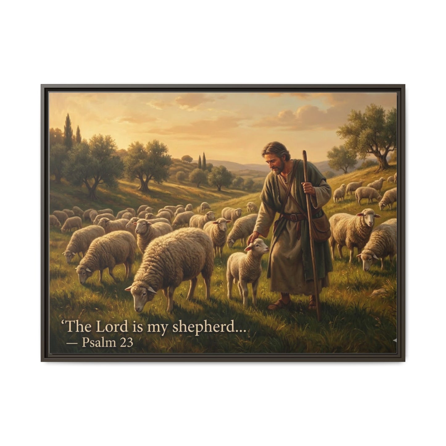 Luxury Psalm 23 wall art on 8x10 black matte framed canvas portrait, serene shepherd scene for faith-inspired décor