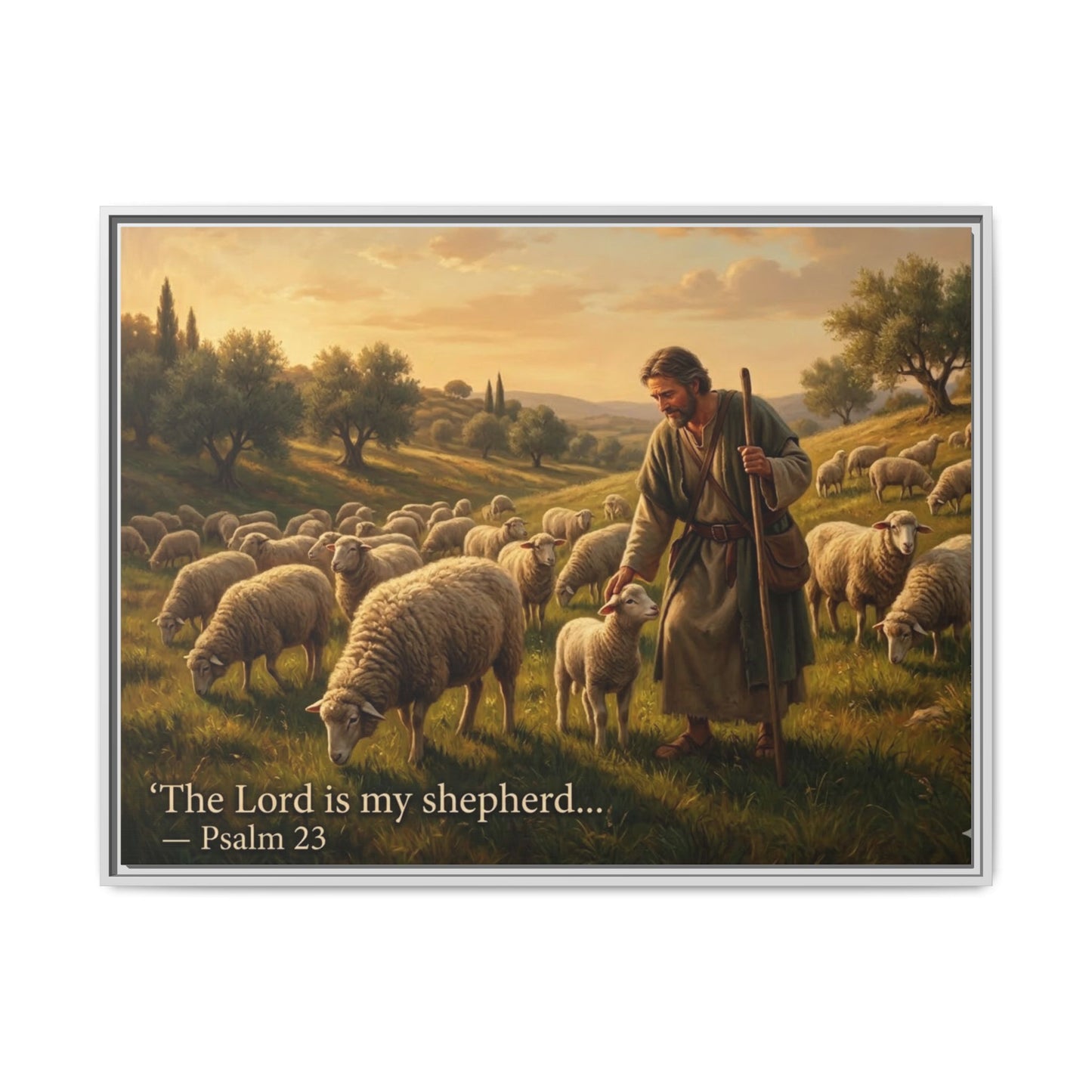 Luxury Psalm 23 wall art on 8x10 black matte framed canvas portrait, serene shepherd scene for faith-inspired décor