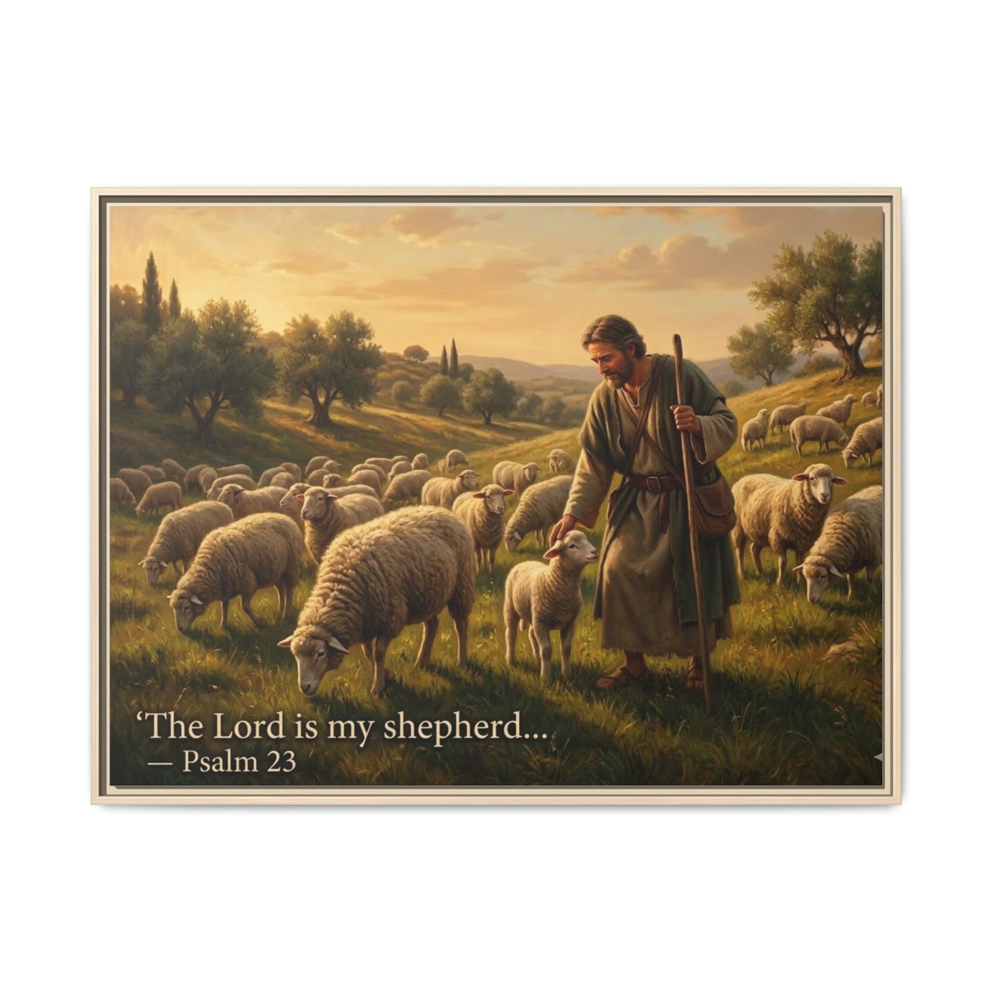 Luxury Psalm 23 wall art on 8x10 black matte framed canvas portrait, serene shepherd scene for faith-inspired décor