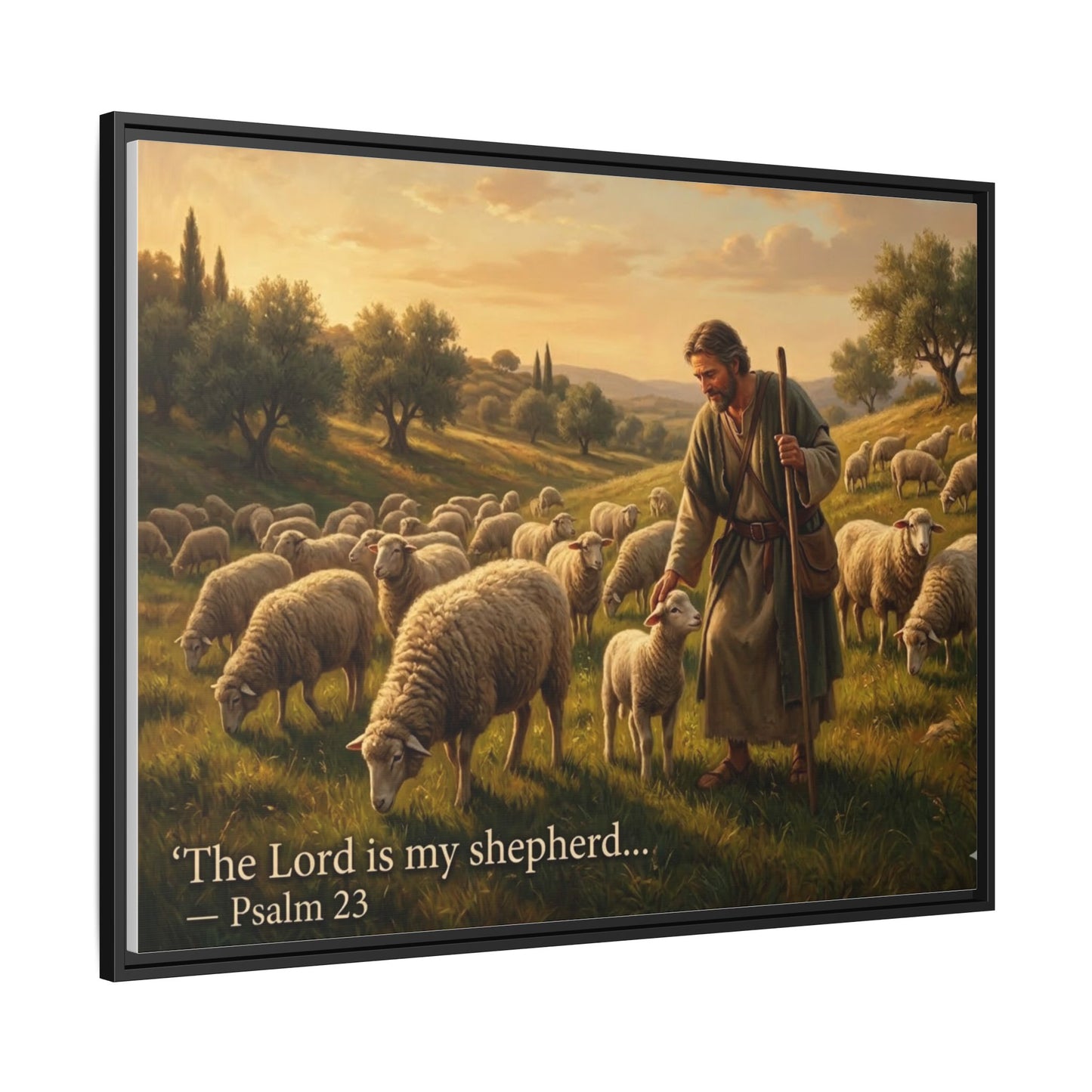 Luxury Psalm 23 wall art on 8x10 black matte framed canvas portrait, serene shepherd scene for faith-inspired décor