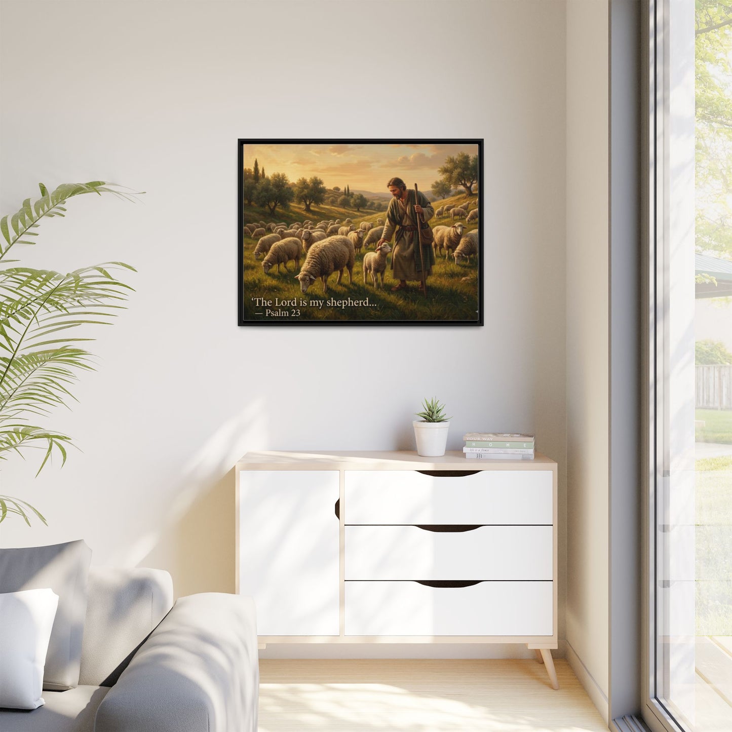 Luxury Psalm 23 wall art on 8x10 black matte framed canvas portrait, serene shepherd scene for faith-inspired décor