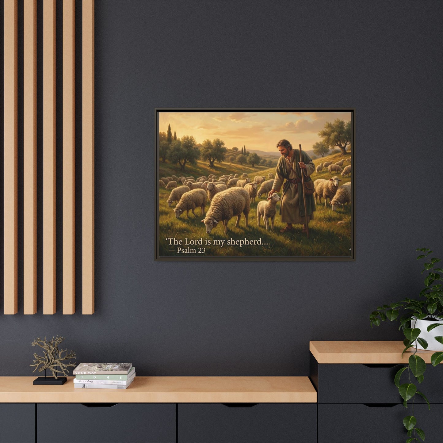 Luxury Psalm 23 wall art on 8x10 black matte framed canvas portrait, serene shepherd scene for faith-inspired décor