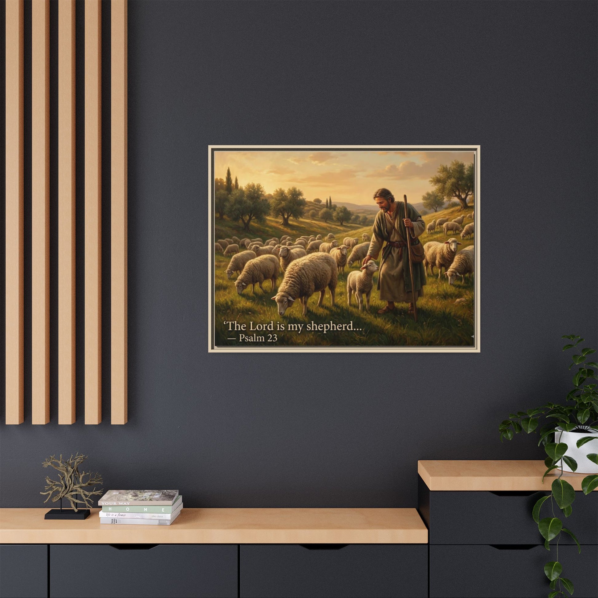 Luxury Psalm 23 wall art on 8x10 black matte framed canvas portrait, serene shepherd scene for faith-inspired décor