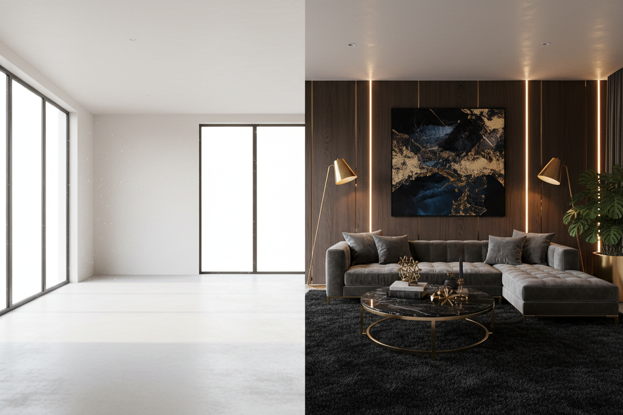 Before and after virtual staging — empty room transformed into a luxury furnished interior with designer furniture, warm lighting, and premium decor