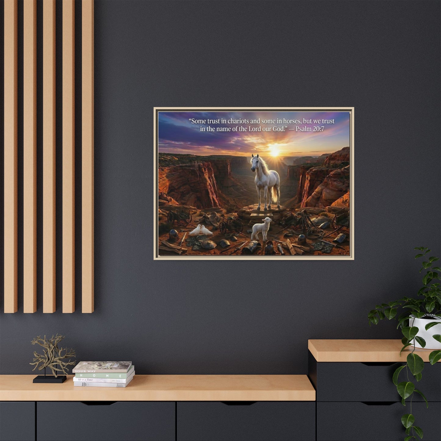 White horse and lamb wall art 40x30 framed matte canvas with Psalm 20:7 in a warm canyon landscape