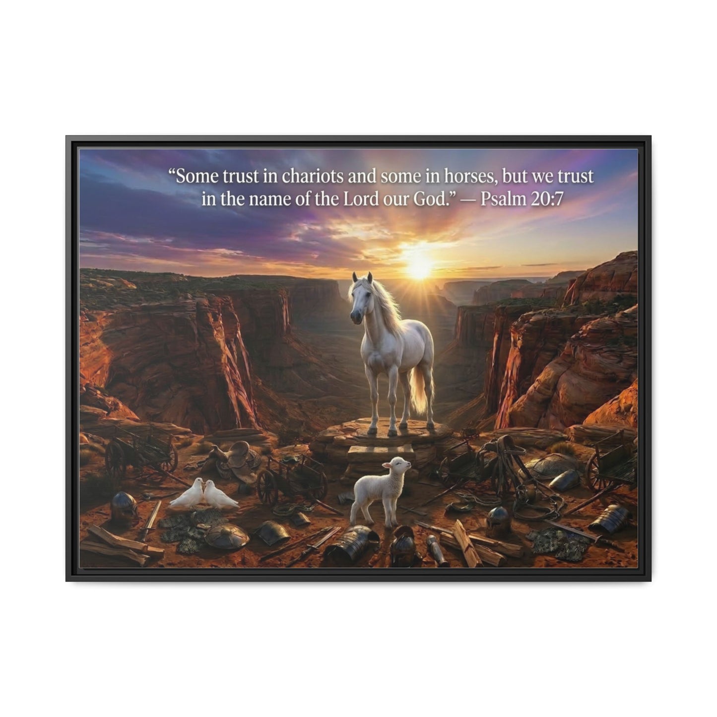 White horse and lamb wall art 40x30 framed matte canvas with Psalm 20:7 in a warm canyon landscape