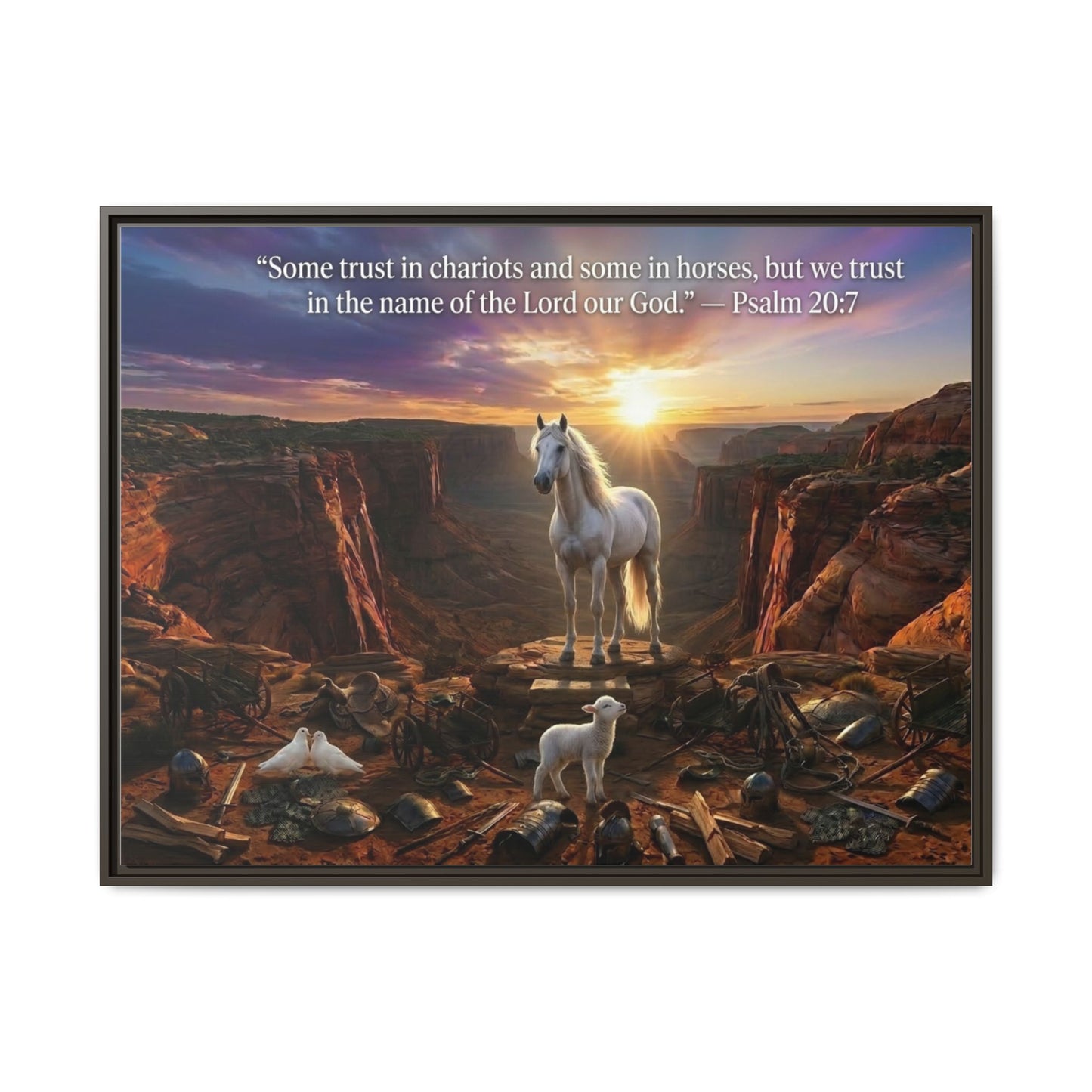White horse and lamb wall art 40x30 framed matte canvas with Psalm 20:7 in a warm canyon landscape