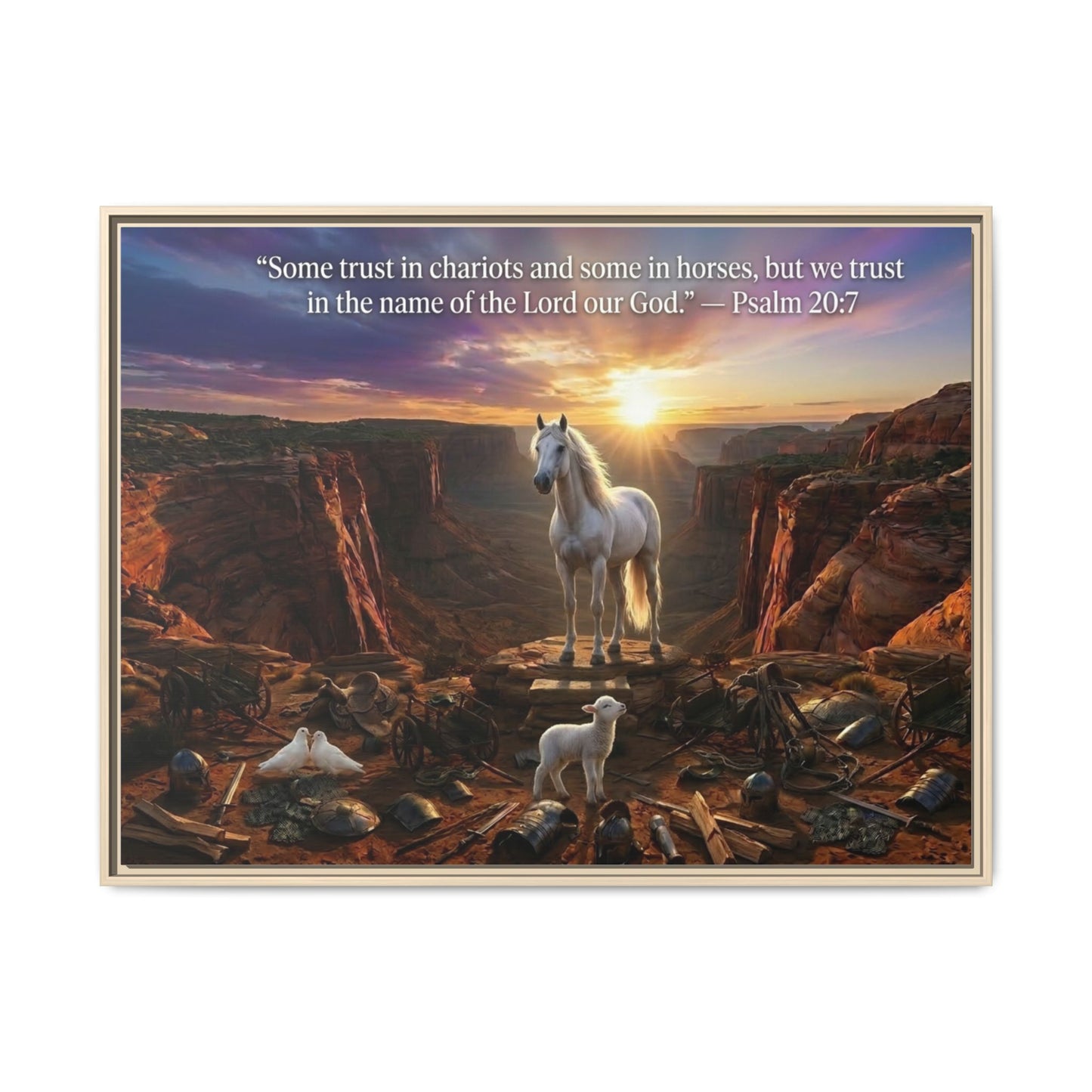 White horse and lamb wall art 40x30 framed matte canvas with Psalm 20:7 in a warm canyon landscape