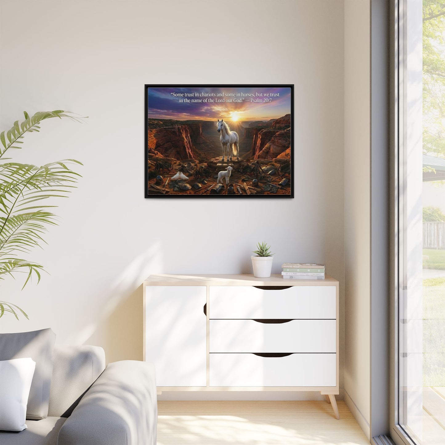White horse and lamb wall art 40x30 framed matte canvas with Psalm 20:7 in a warm canyon landscape