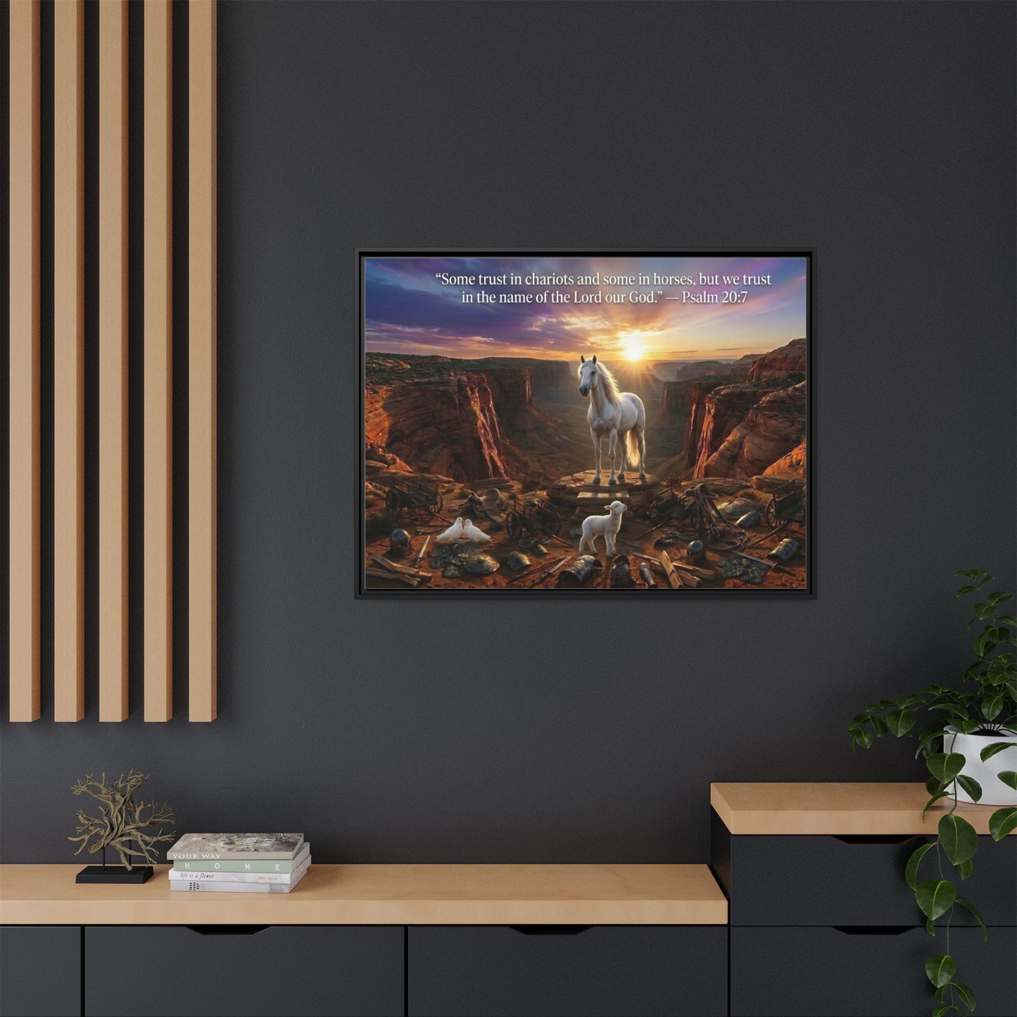 White horse and lamb wall art 40x30 framed matte canvas with Psalm 20:7 in a warm canyon landscape