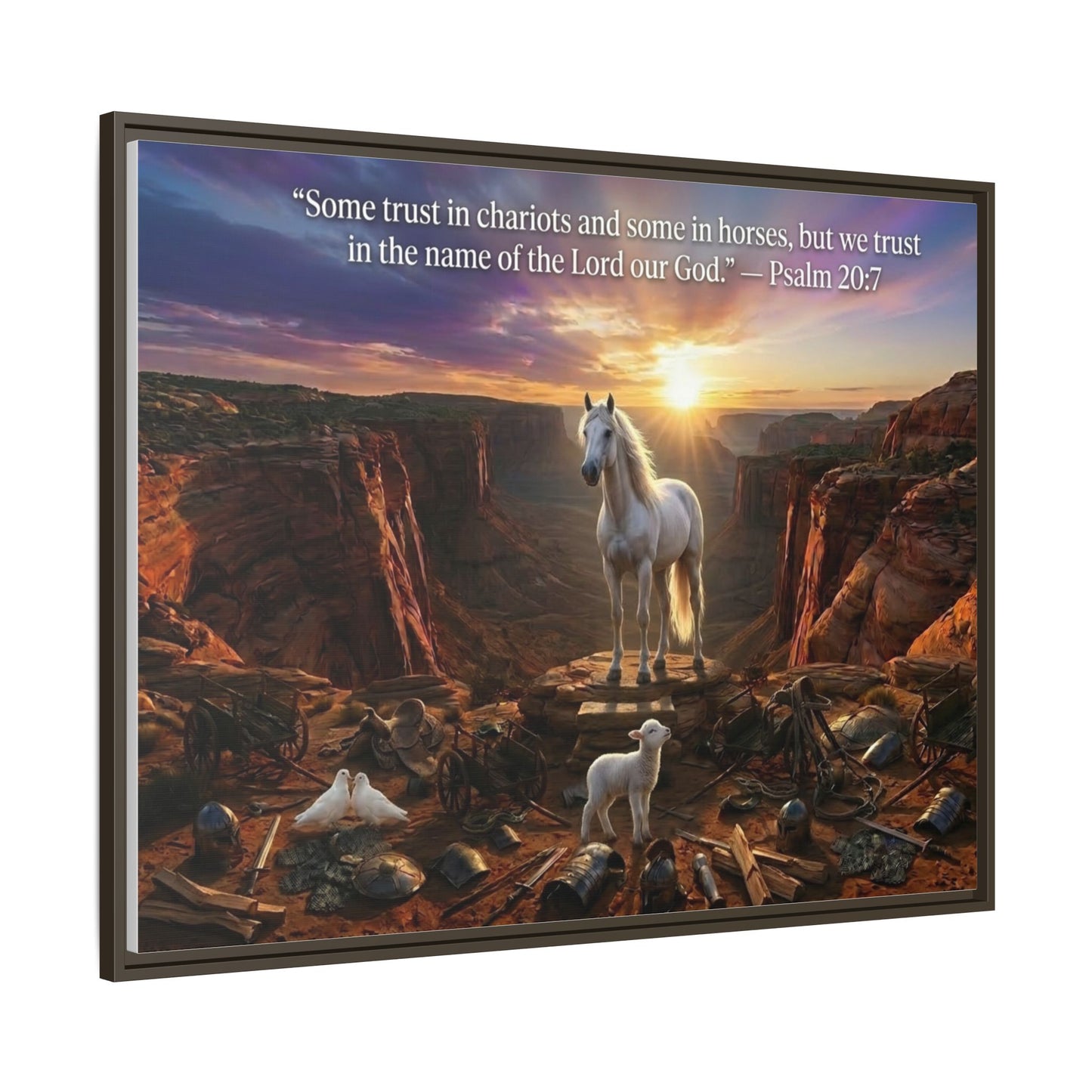 White horse and lamb wall art 40x30 framed matte canvas with Psalm 20:7 in a warm canyon landscape