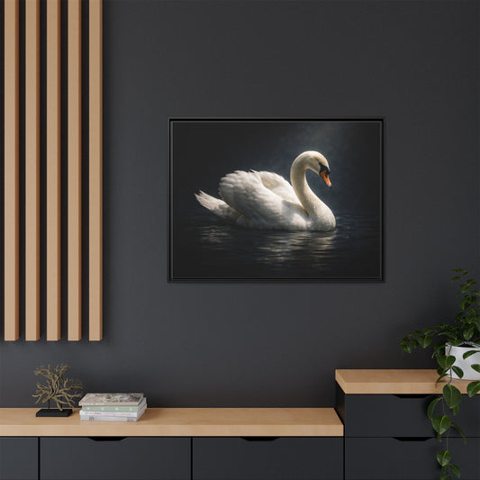 White swan wall art 40x30 framed matte canvas portrait gliding on dark water