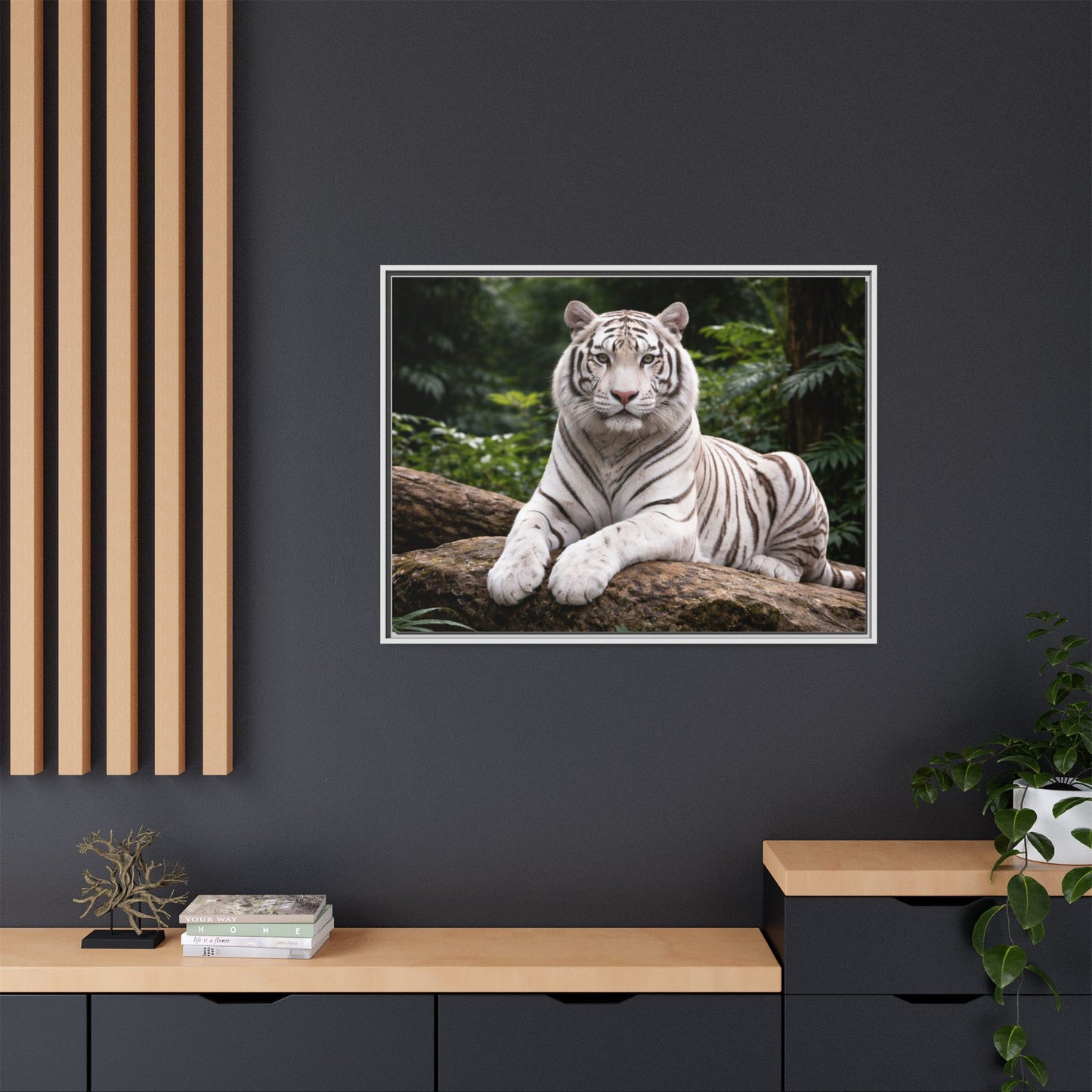 White tiger wall art 40x30 framed matte canvas portrait in black frame