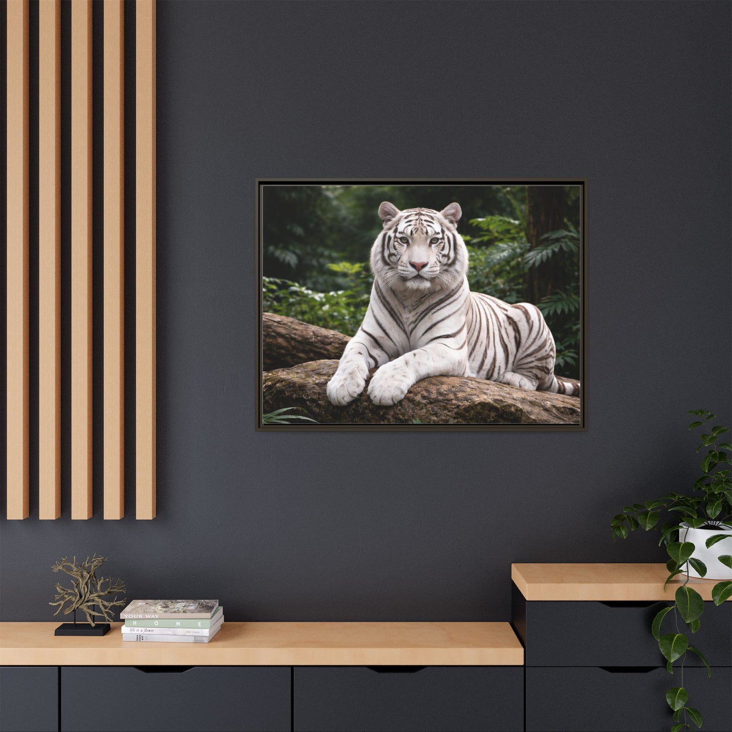 White tiger wall art 40x30 framed matte canvas portrait in black frame10
