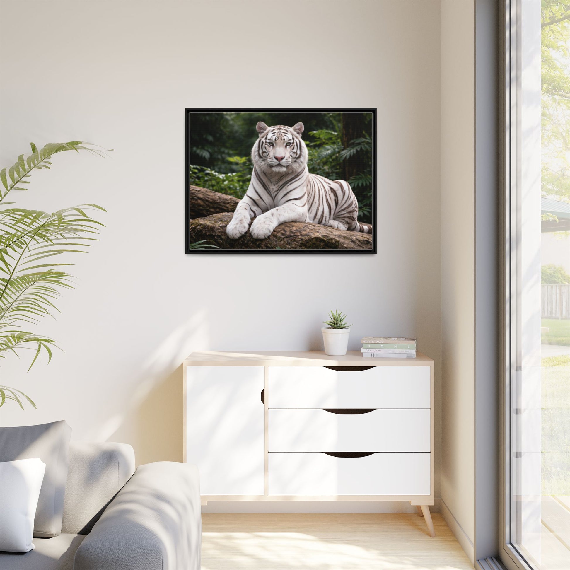 White tiger wall art 40x30 framed matte canvas portrait in black frame6