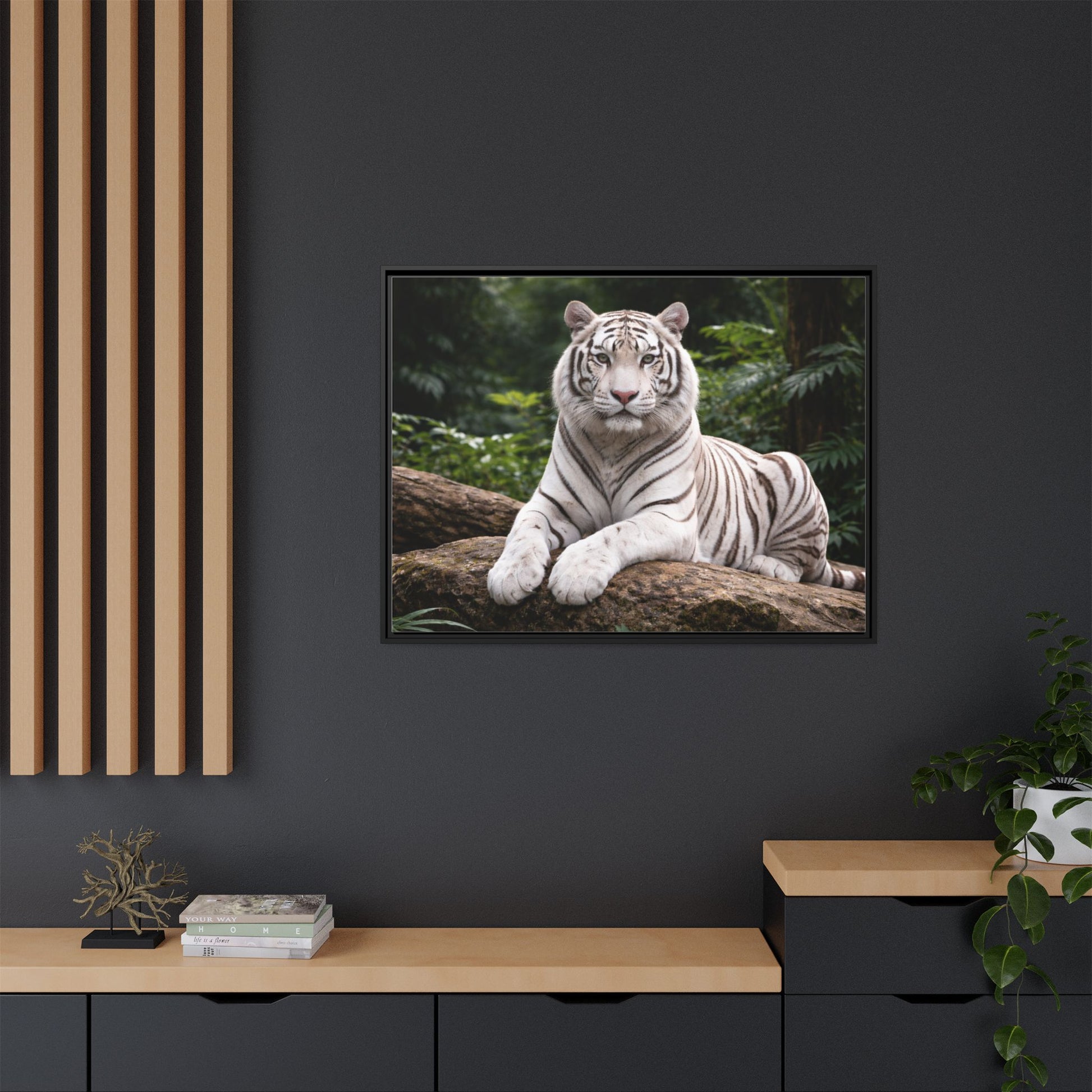 White tiger wall art 40x30 framed matte canvas portrait in black frame7